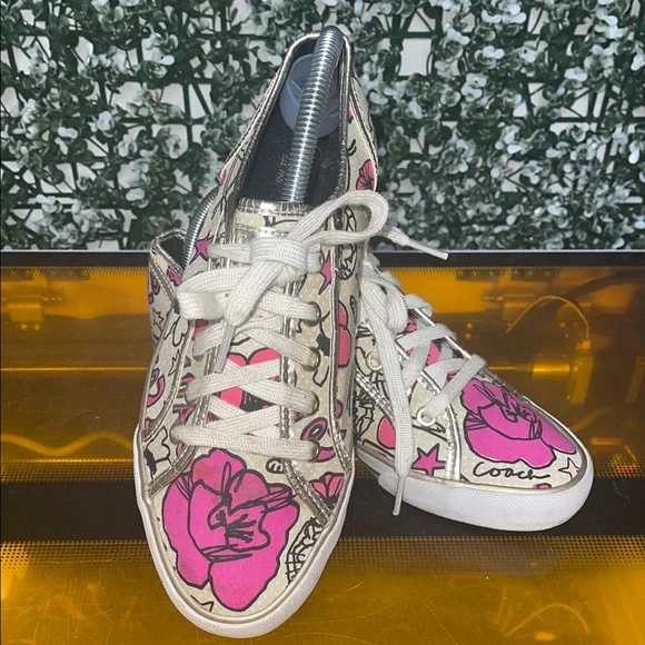 Coach Pink and Tan Patterned Sneakers - Picture 2 of 9
